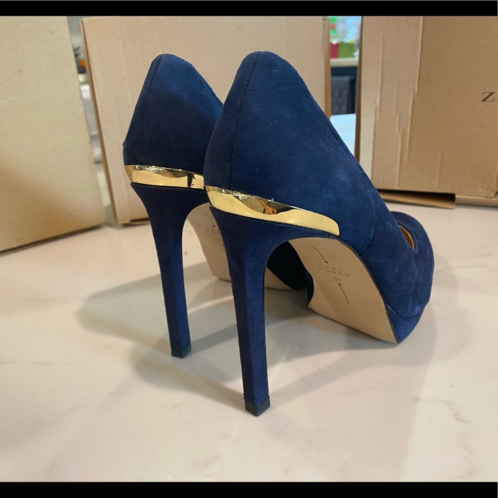 Blue suede gold trim heel
